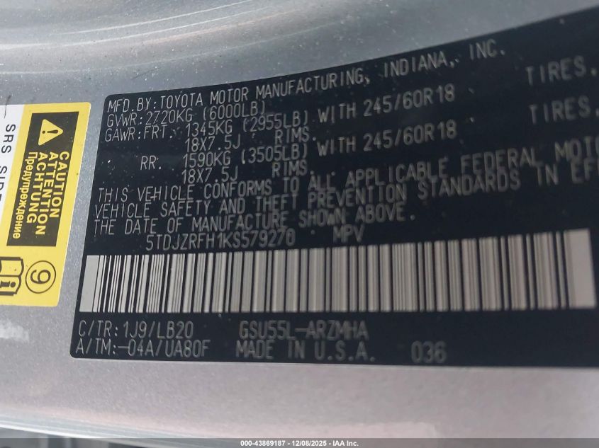 2019 Toyota Highlander Xle VIN: 5TDJZRFH1KS579270 Lot: 43869187