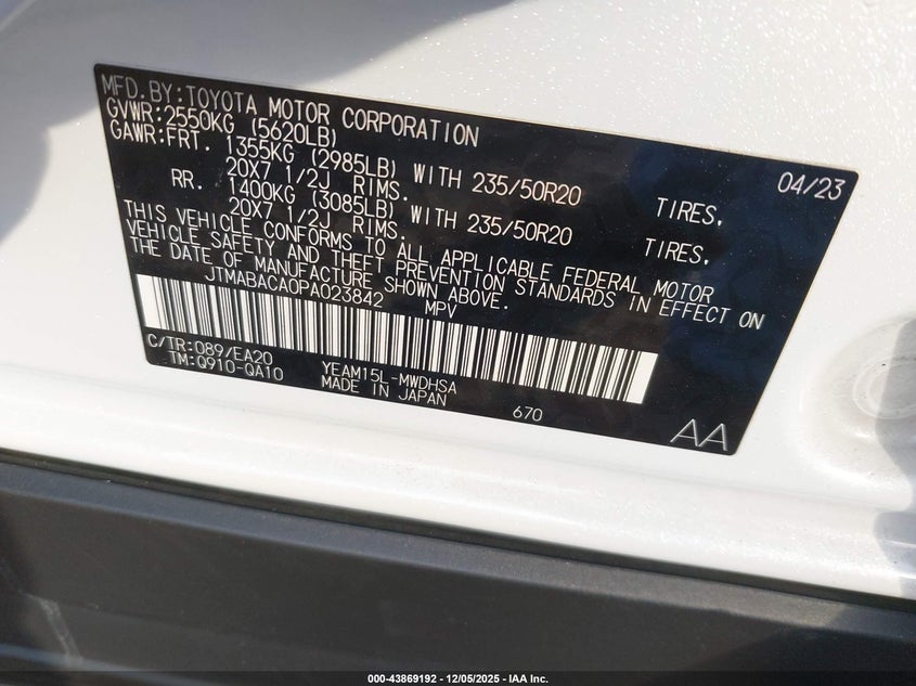 2023 TOYOTA BZ4X U   N(VIN: JTMABACA0PA023842