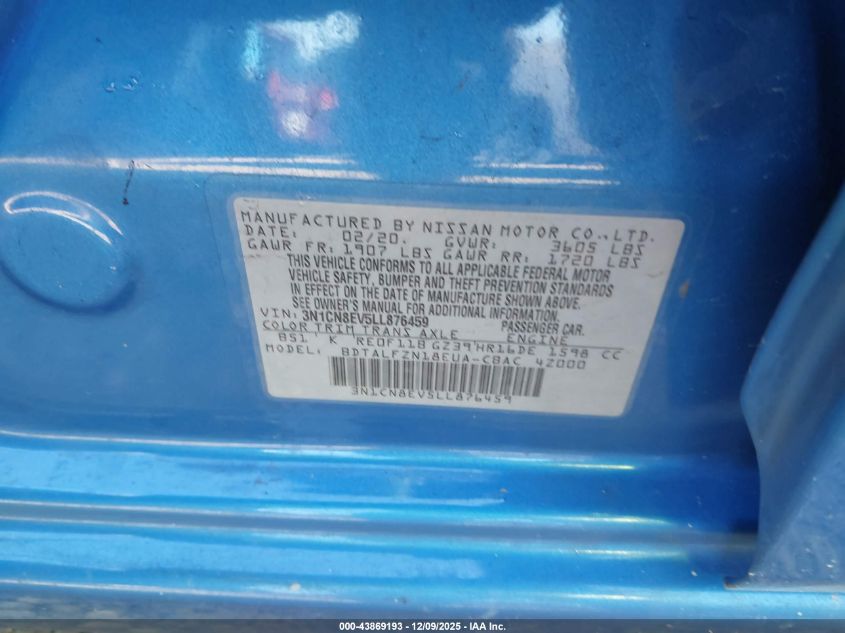 2020 Nissan Versa Sv Xtronic Cvt VIN: 3N1CN8EV5LL876459 Lot: 43869193