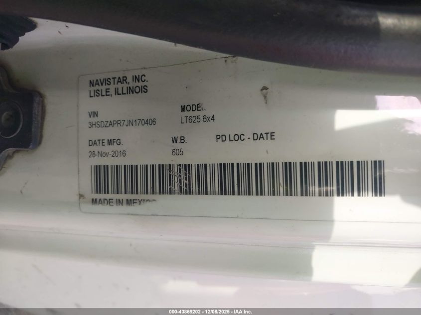 2018 International Lt VIN: 3HSDZAPR7JN170406 Lot: 43869202