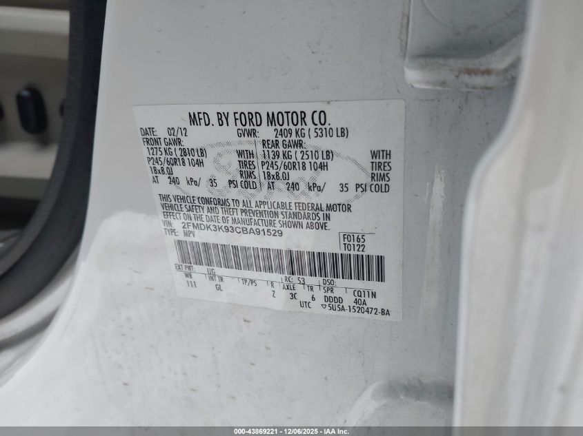 2012 Ford Edge Limited VIN: 2FMDK3K93CBA91529 Lot: 43869221