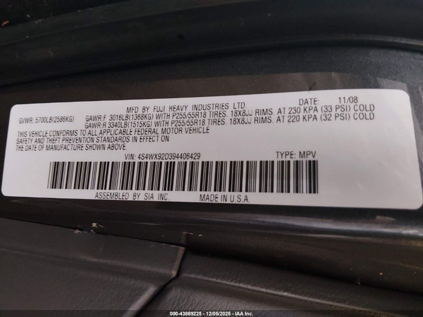 2009 Subaru Tribeca Special Edition 5-Passenger VIN: 4S4WX92D394406429 Lot: 43869225