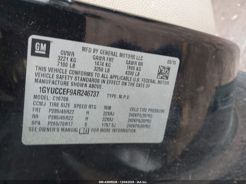 2010 Cadillac Escalade Premium VIN: 1GYUCCEF9AR246737 Lot: 43869226