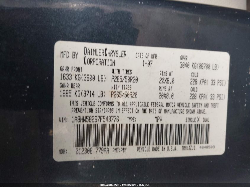 2008 Chrysler Aspen Limited VIN: 1A8HW58228F136474 Lot: 43869228