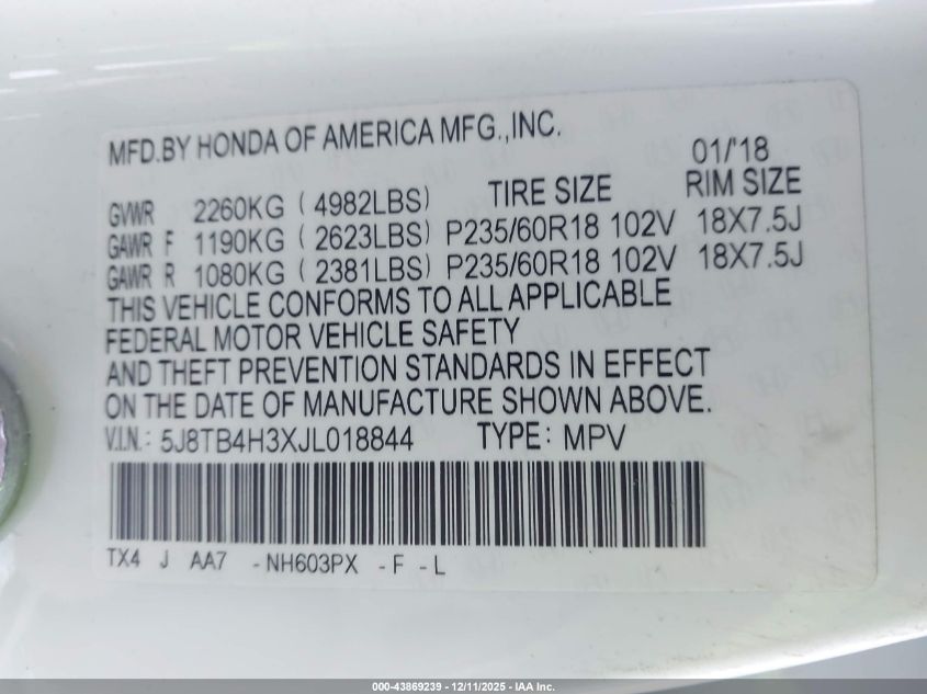 2018 Acura Rdx Acurawatch Plus Package VIN: 5J8TB4H3XJL018844 Lot: 43869239