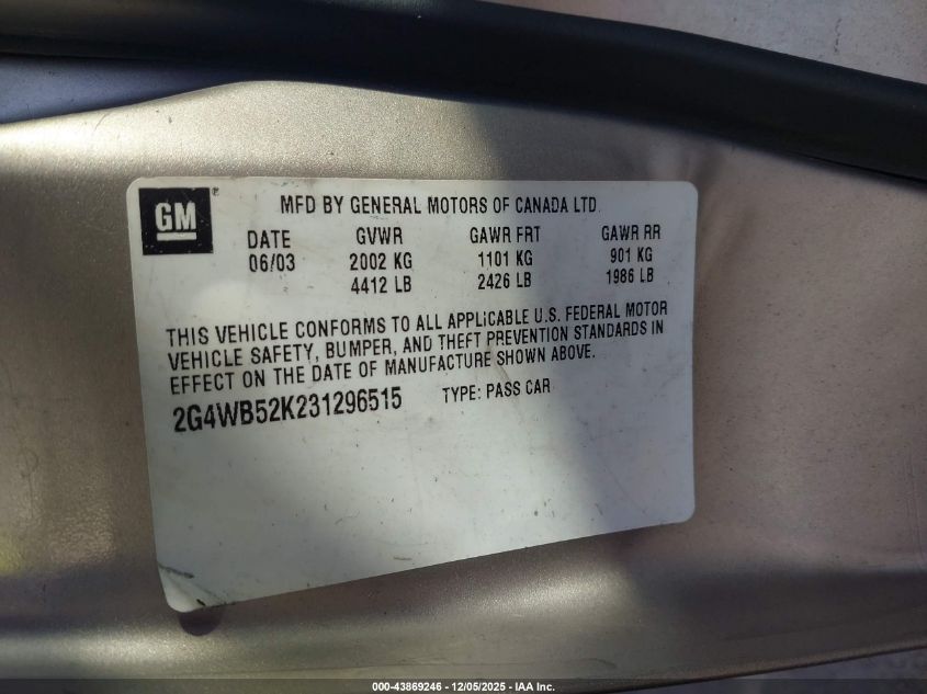 2003 Buick Regal Ls VIN: 2G4WB52K231296515 Lot: 43869246