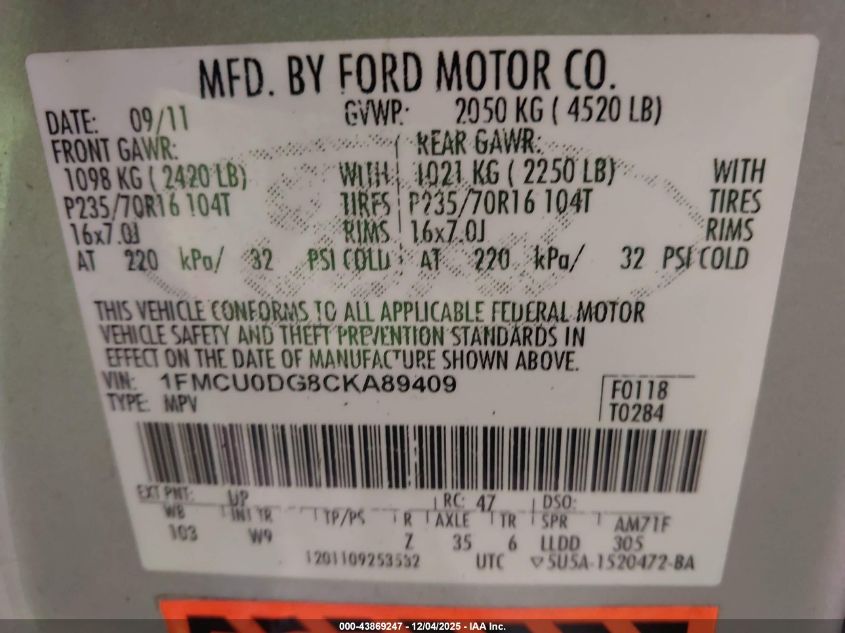 2012 Ford Escape Xlt VIN: 1FMCU0DG8CKA89409 Lot: 43869247