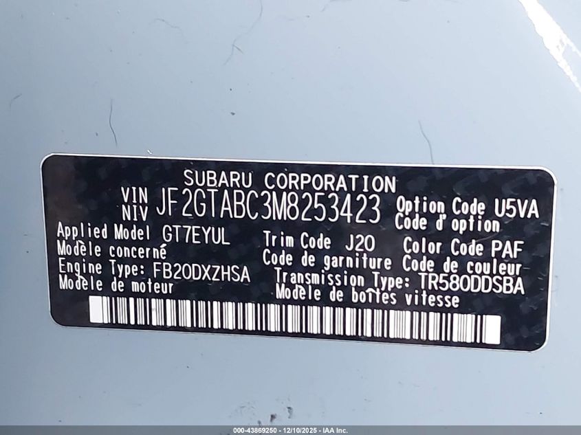 2021 Subaru Crosstrek VIN: JF2GTABC3M8253423 Lot: 43869250