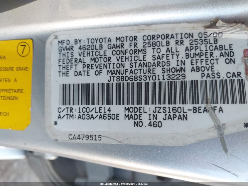 2000 Lexus Gs 300 VIN: JT8BD68S3Y0113229 Lot: 43869251