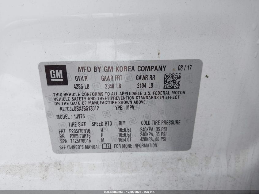 2018 Chevrolet Trax Lt VIN: KL7CJLSBXJB513012 Lot: 43869253