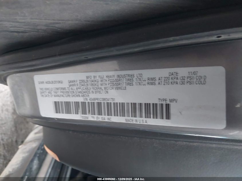 2008 Subaru Outback 2.5I VIN: 4S4BP61C086341791 Lot: 43869260