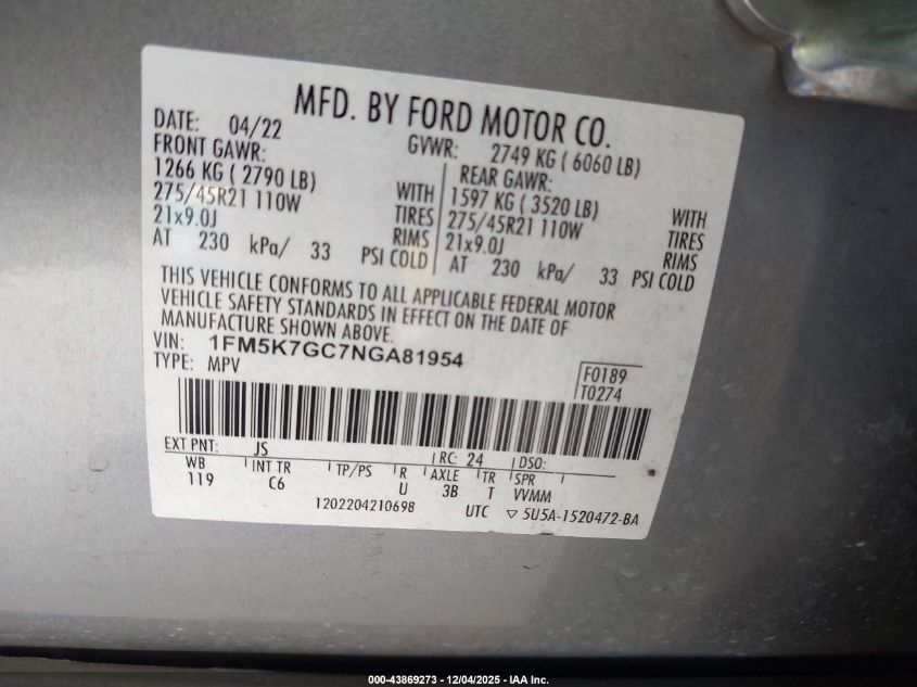 2022 Ford Explorer St VIN: 1FM5K7GC7NGA81954 Lot: 43869273