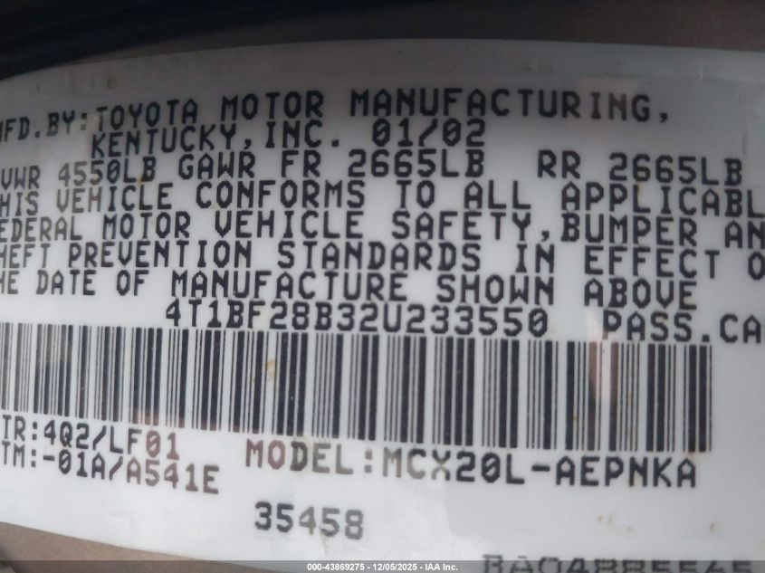 2002 Toyota Avalon Xl VIN: 4T1BF28B32U233550 Lot: 43869275