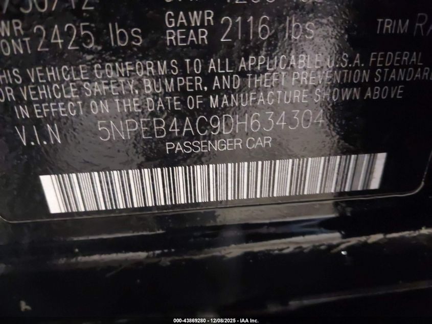 2013 Hyundai Sonata Gls VIN: 5NPEB4AC9DH634304 Lot: 43869280