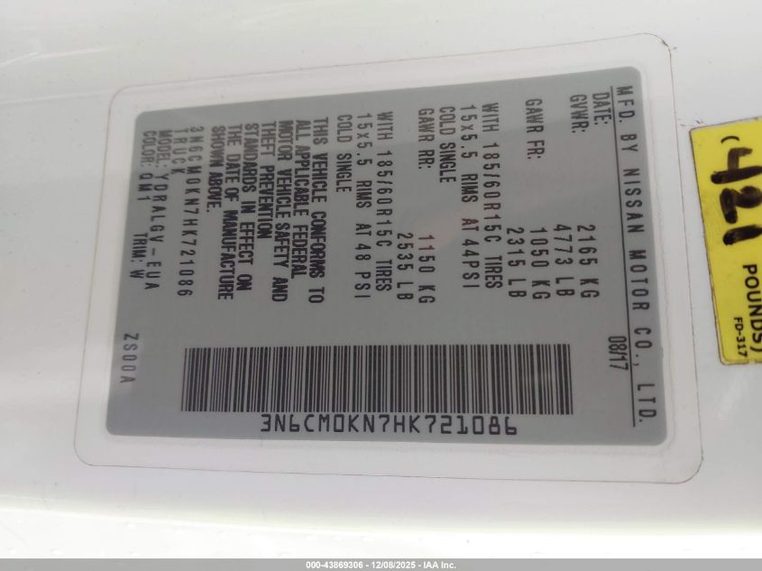 2017 Nissan Nv200 Sv VIN: 3N6CM0KN7HK721086 Lot: 43869306