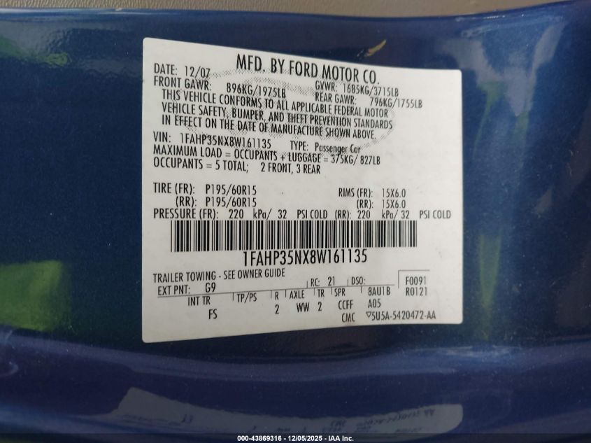 2008 Ford Focus Se/Ses VIN: 1FAHP35NX8W161135 Lot: 43869316