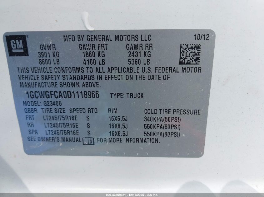 2013 Chevrolet Express 2500 Work Van VIN: 1GCWGFCA0D1118966 Lot: 43869321