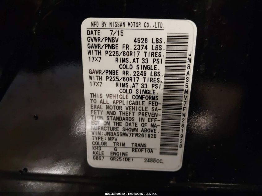 2015 Nissan Rogue Select S VIN: JN8AS5MV7FW261928 Lot: 43869322