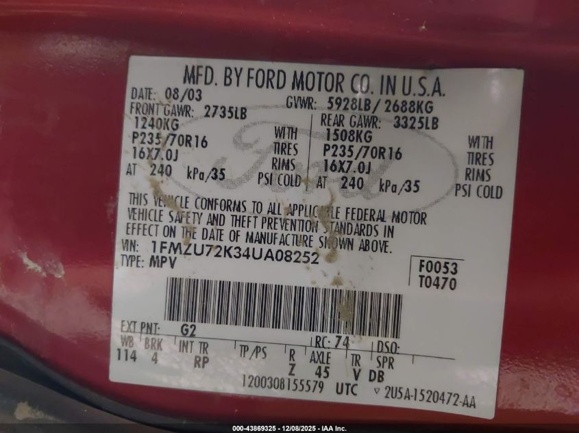 2004 Ford Explorer Xls VIN: 1FMZU72K34UA08252 Lot: 43869325