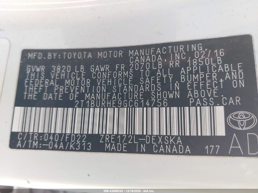 2016 Toyota Corolla S Plus VIN: 2T1BURHE9GC614756 Lot: 43869330