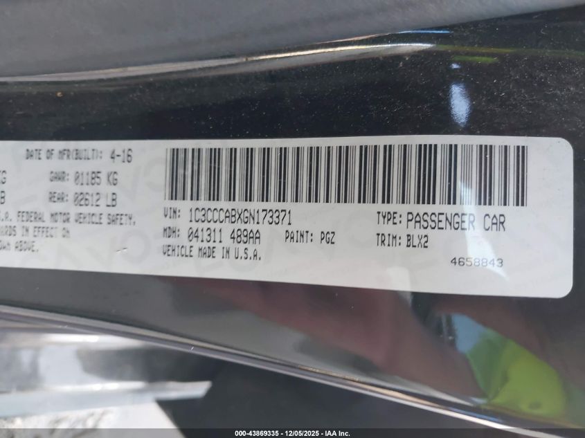 2016 Chrysler 200 Limited Platinum VIN: 1C3CCCABXGN173371 Lot: 43869335