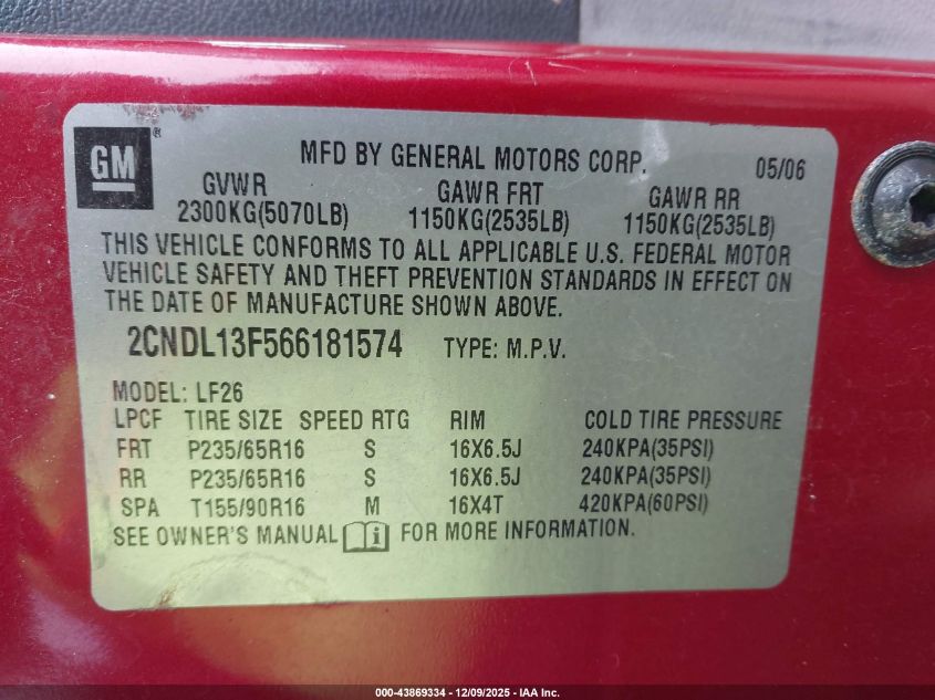 2006 Chevrolet Equinox Ls VIN: 2CNDL13F566181574 Lot: 43869334