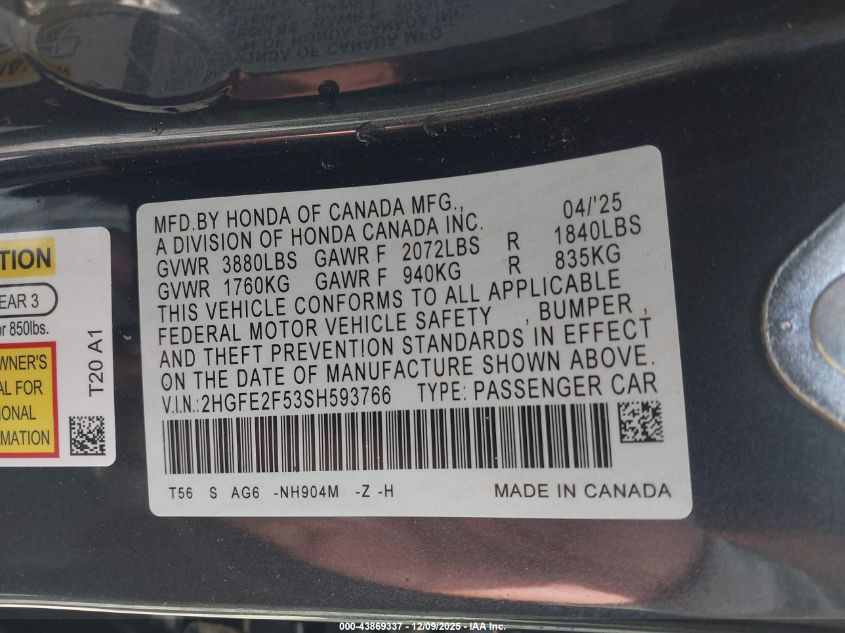 2025 Honda Civic Sport VIN: 2HGFE2F53SH593766 Lot: 43869337