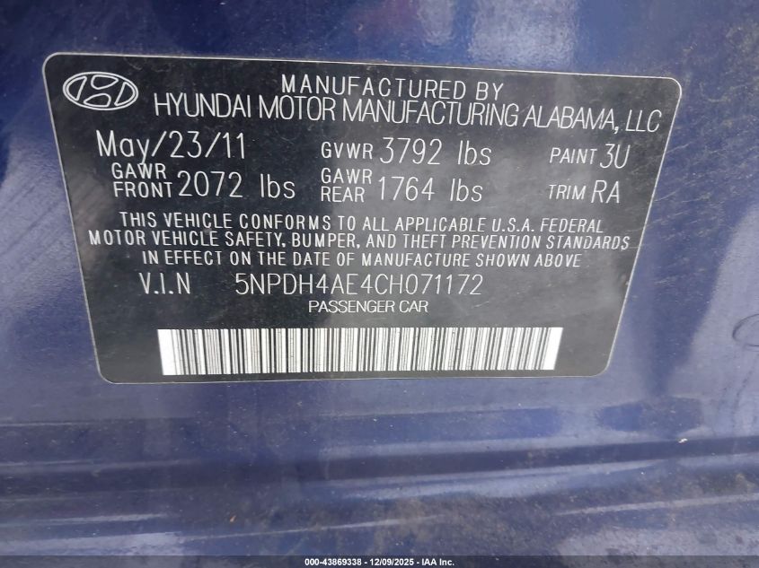 2012 Hyundai Elantra Gls VIN: 5NPDH4AE4CH071172 Lot: 43869338