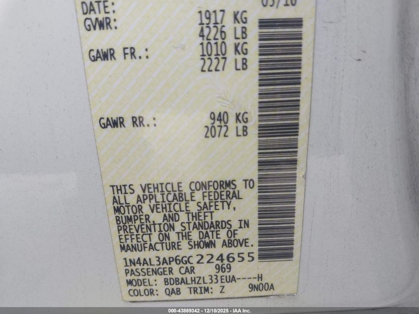 2016 Nissan Altima 2.5 Sr VIN: 1N4AL3AP6GC224655 Lot: 43869342