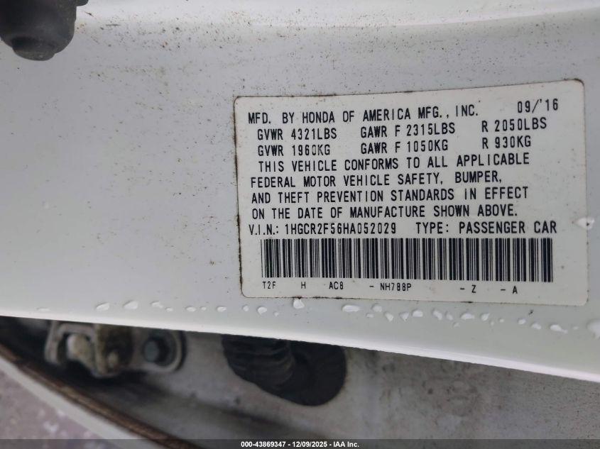 2017 Honda Accord Sport VIN: 1HGCR2F56HA052029 Lot: 43869347