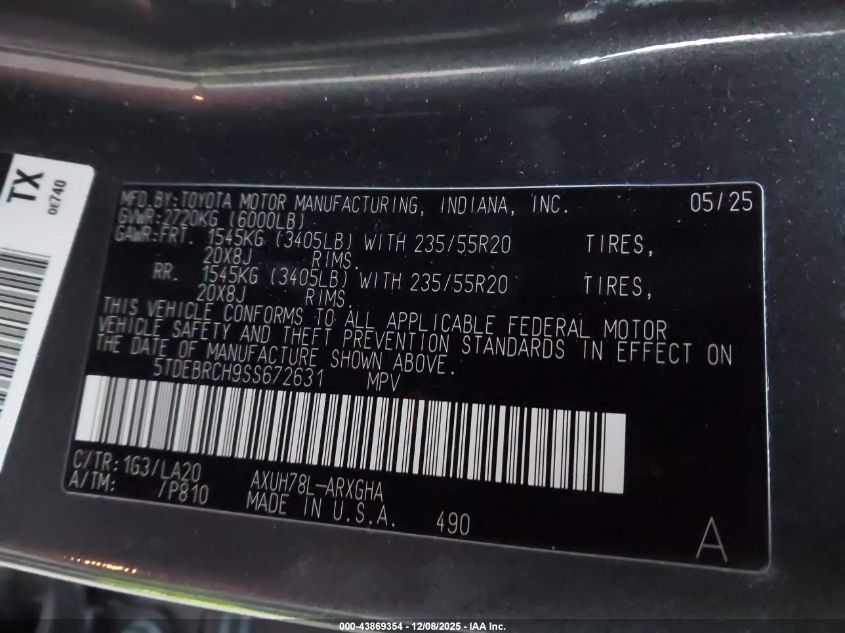 2025 Toyota Highlander Hybrid Platinum VIN: 5TDEBRCH9SS672631 Lot: 43869354