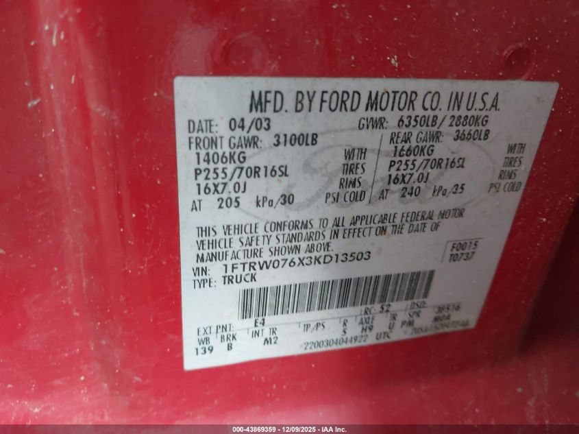 2003 Ford F-150 Lariat/Xlt VIN: 1FTRW076X3KD13503 Lot: 43869359