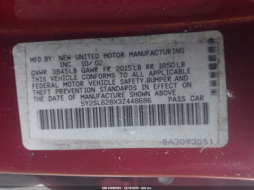 2003 Pontiac Vibe VIN: 5Y2SL628X3Z448686 Lot: 43869363