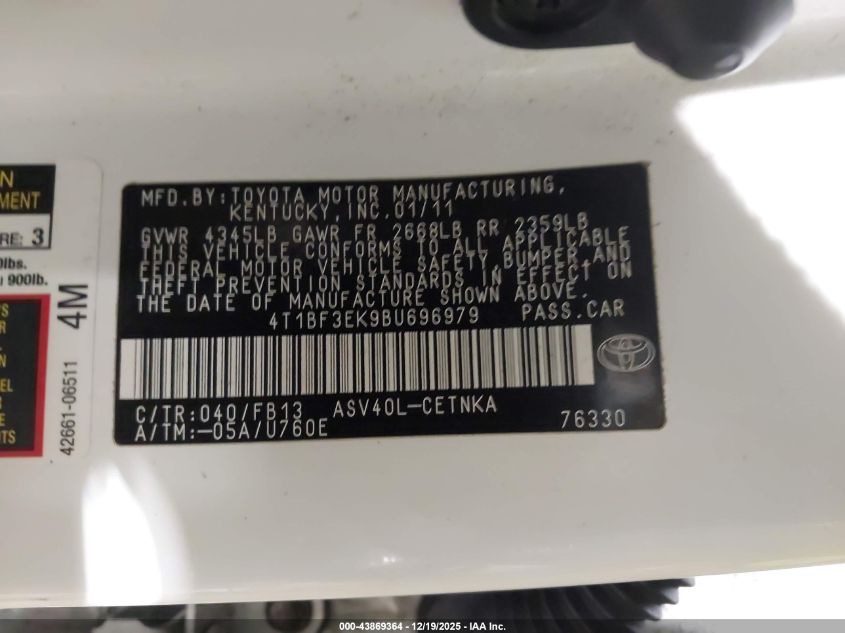 2011 Toyota Camry Le VIN: 4T1BF3EK9BU696979 Lot: 43869364