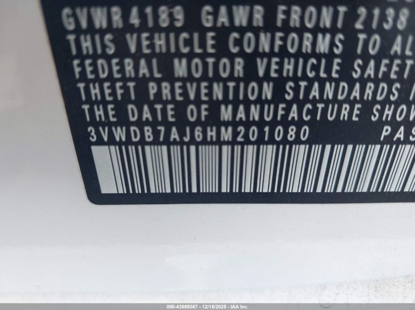 2017 Volkswagen Jetta 1.4T Se VIN: 3VWDB7AJ6HM201080 Lot: 43869367