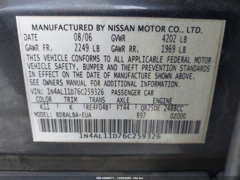 2006 Nissan Altima 2.5 S VIN: 1N4AL11D76C259326 Lot: 43869371