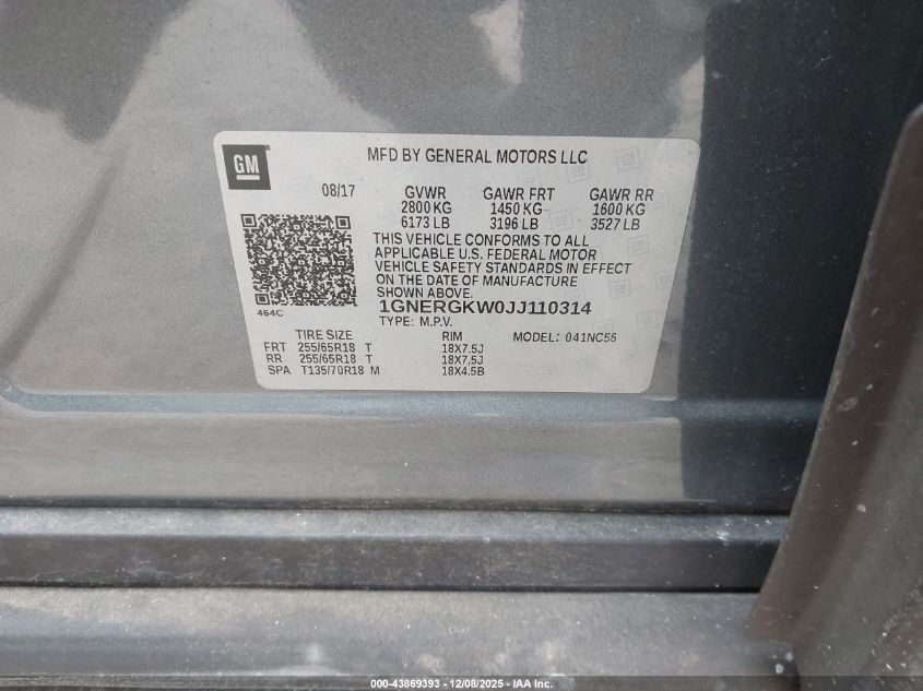 2018 Chevrolet Traverse 1Lt VIN: 1GNERGKW0JJ110314 Lot: 43869393