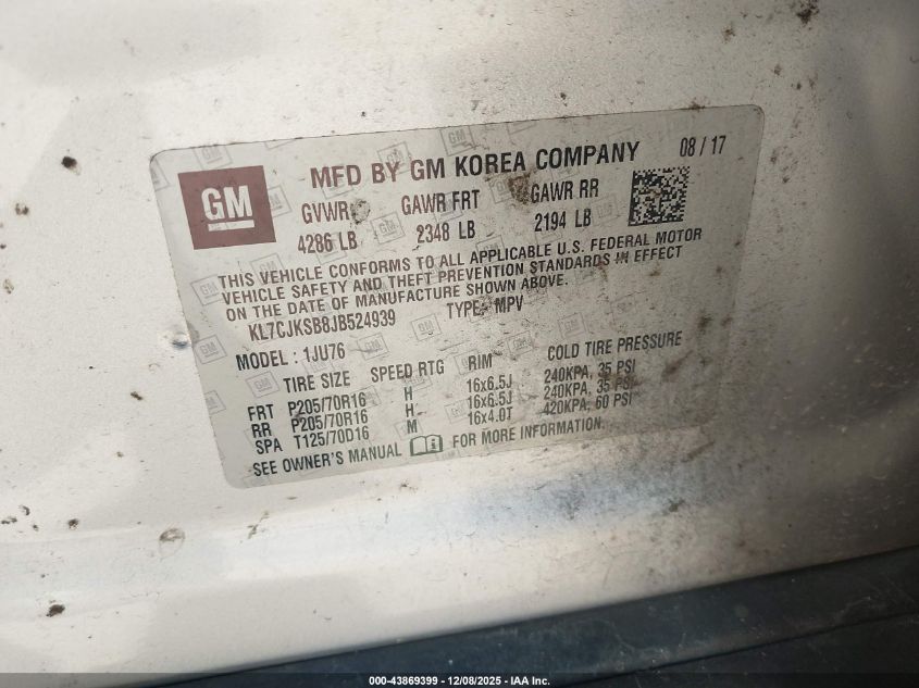 2018 Chevrolet Trax Ls VIN: KL7CJKSB8JB524939 Lot: 43869399