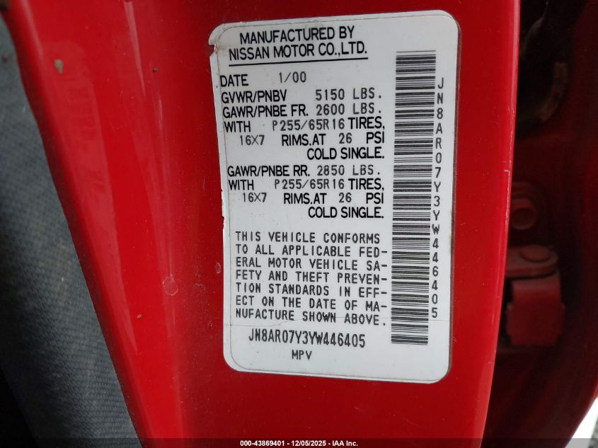 2000 Nissan Pathfinder Le/Se/Xe VIN: JN8AR07Y3YW446405 Lot: 43869401