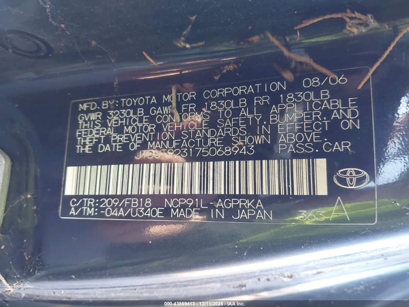 2007 Toyota Yaris VIN: JTDJT923175068943 Lot: 43869413