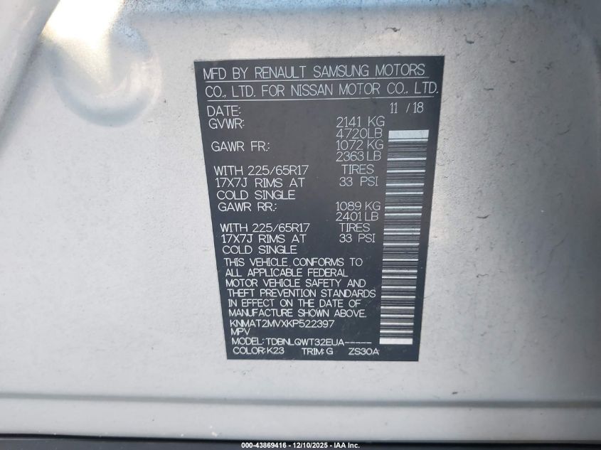 2019 Nissan Rogue Sv VIN: KNMAT2MVXKP522397 Lot: 43869416