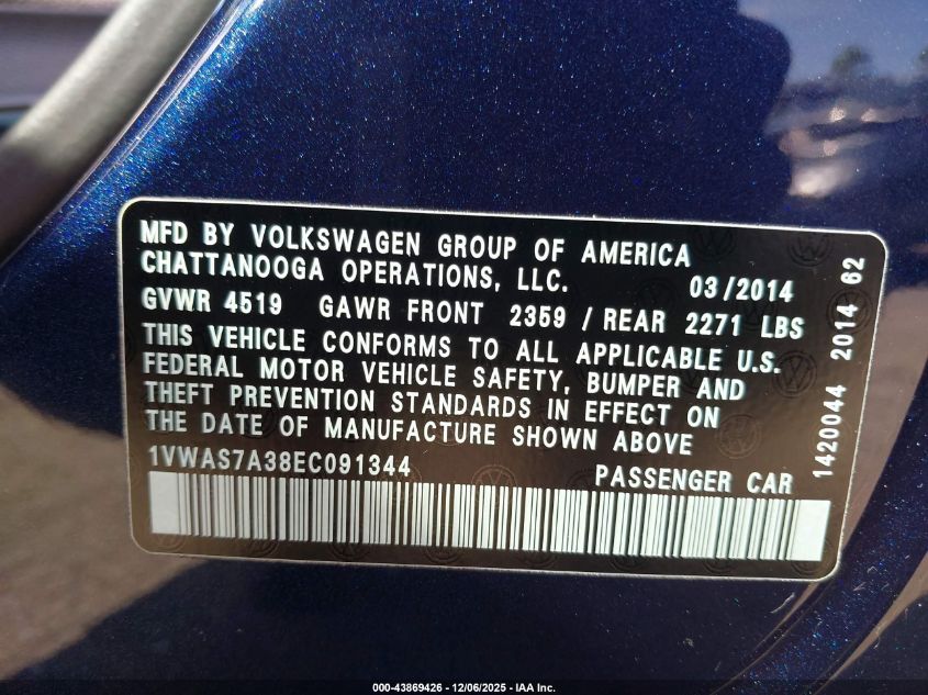 2014 Volkswagen Passat 1.8T Wolfsburg Edition VIN: 1VWAS7A38EC091344 Lot: 43869426