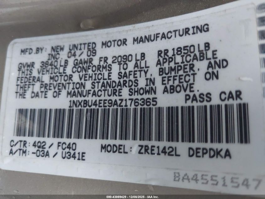 2010 Toyota Corolla Le VIN: 1NXBU4EE9AZ176365 Lot: 43869429