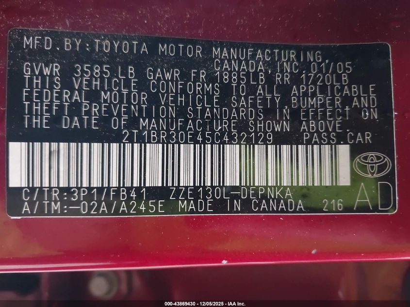2005 Toyota Corolla Le VIN: 2T1BR30E45C432129 Lot: 43869430