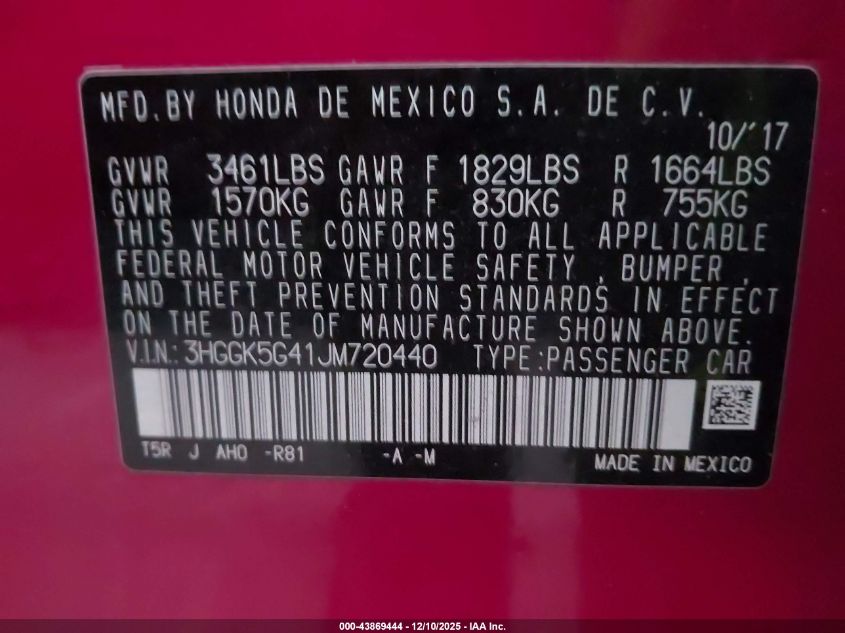 2018 Honda Fit Lx VIN: 3HGGK5G41JM720440 Lot: 43869444