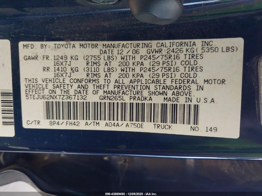 2007 Toyota Tacoma Prerunner V6 VIN: 5TEJU62NX7Z367132 Lot: 43869450