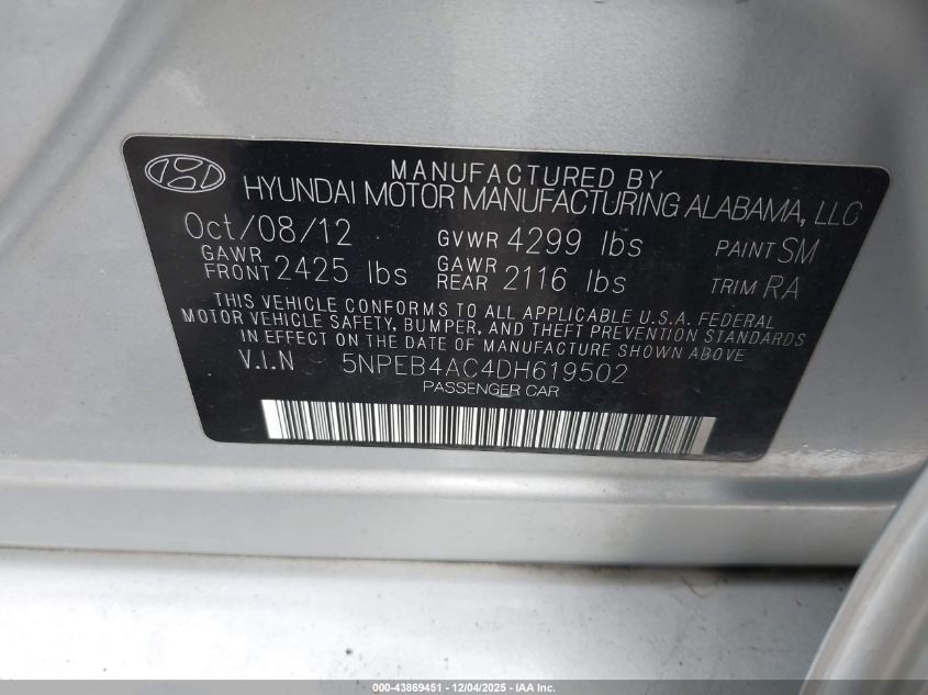 2013 Hyundai Sonata Gls VIN: 5NPEB4AC4DH619502 Lot: 43869451