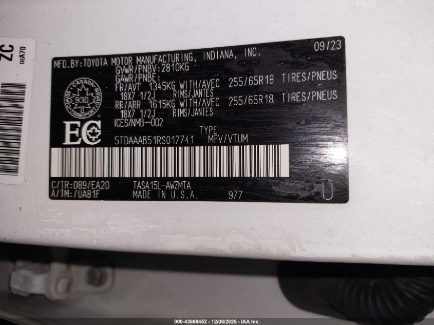 2024 Toyota Grand Highlander Xle VIN: 5TDAAAB51RS017741 Lot: 43869452