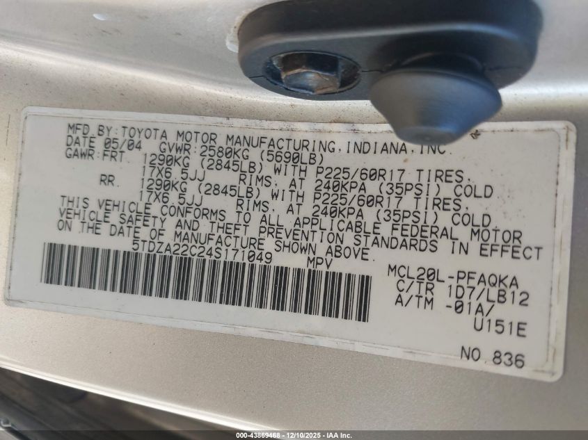2004 Toyota Sienna Xle Limited VIN: 5TDZA22C24S171049 Lot: 43869468
