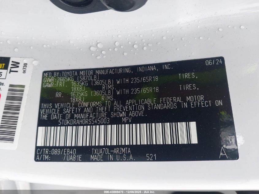 2024 Toyota Highlander Xle VIN: 5TDKDRAH0RS545003 Lot: 43869470